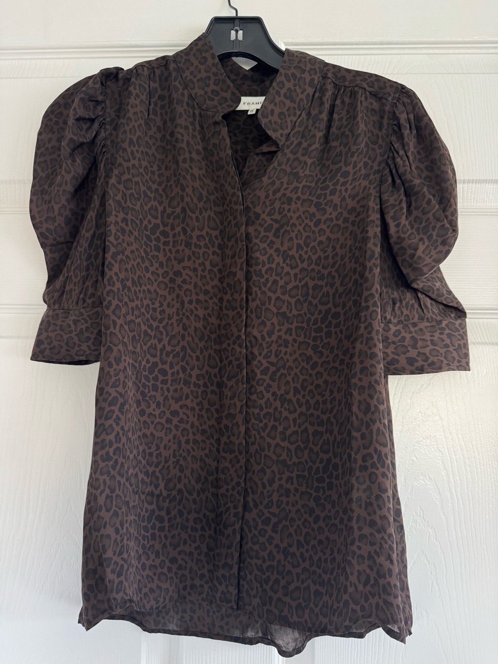 FRAME Gillian Leopard 100% Silk Puff Sleeve Blouse XS